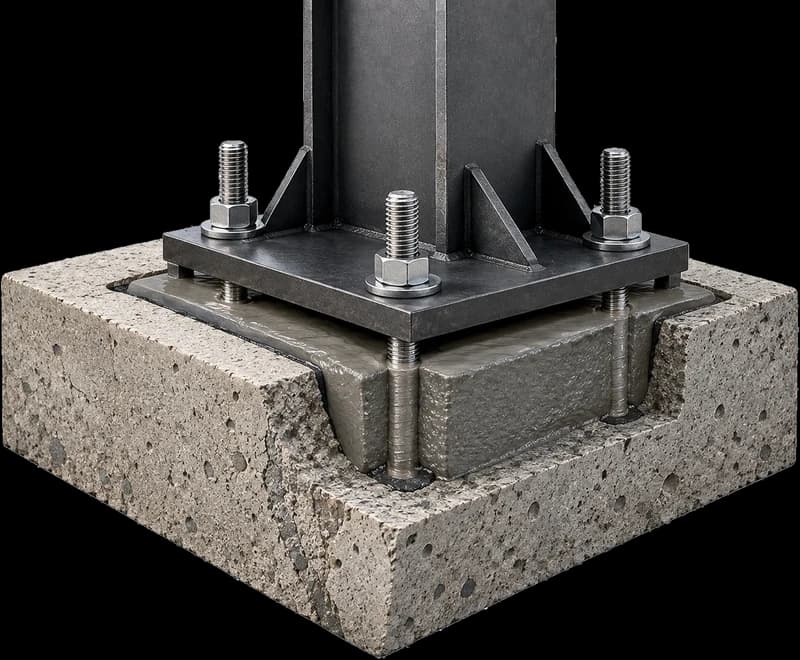 Grout estructural bajo placa base de columna de acero