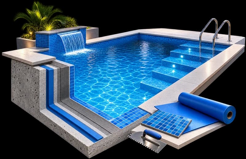 Corte de piscina que muestra las capas del sistema: concreto, membrana impermeabilizante, adhesivo y revestimiento de gresite